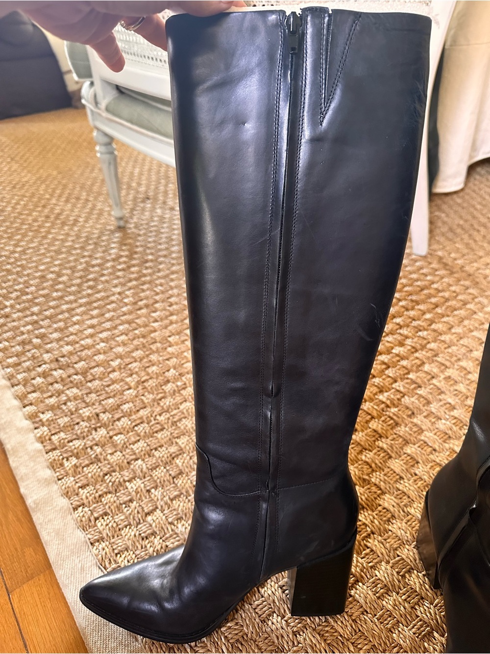 Nine West Black Leather Knee High Block Heel Boots Pointed Toe Size 9M - Picture 4 of 13